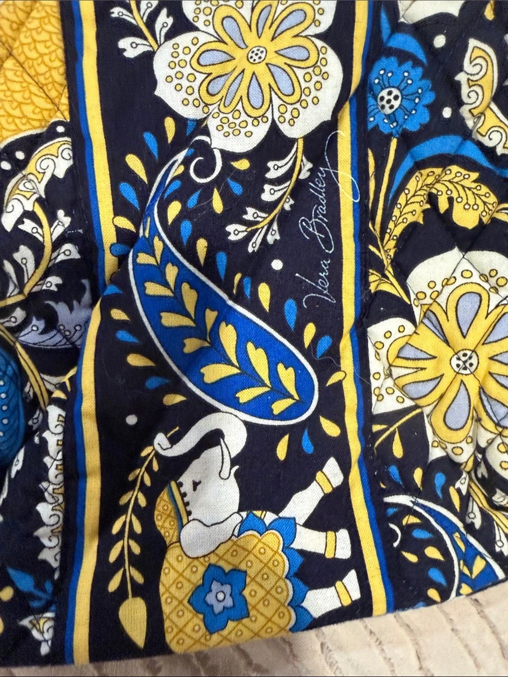 Quilted Floral Zip Pouch in Navy, Yellow & White